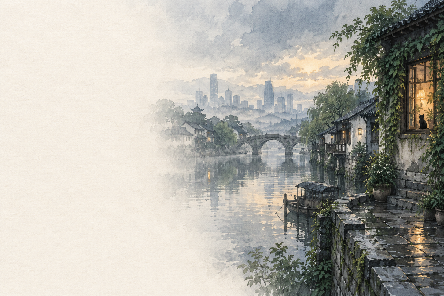 暖纸书房的水彩河岸与窗景